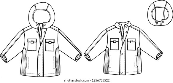 winter jacket padding, Windproof Jacket flat Sketches technical drawings tech pack vector template design