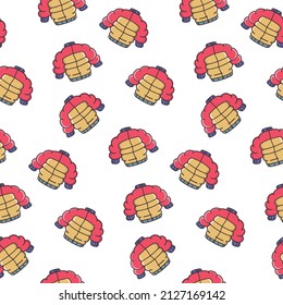 Winter Jacket Seamless Pattern. Doodle, Hand drawn, comic, outline.