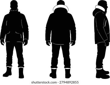 Winter jacket silhouette collection with fur hood male standing poses