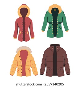 Winter jackets vector cartoon set isolated on a white background.