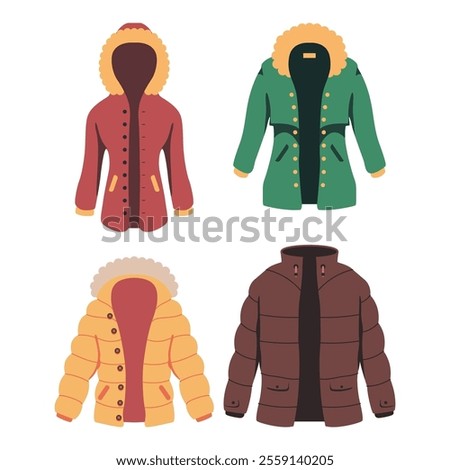 Winter jackets vector cartoon set isolated on a white background.