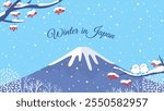 Winter in Japan background vector illustration. Beautiful Japan winter landscape with Shima enaga birds