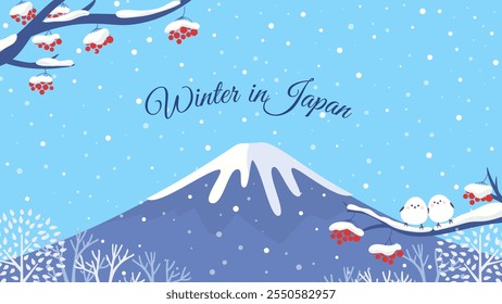 Inverno no Japão ilustração vetorial de fundo. Bela paisagem de inverno do Japão com pássaros de Shima Enaga