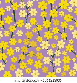 Winter Jasmine floral pattern on purple bg.A vibrant floral pattern featuring bright yellow winter jasmine flowers and buds on green stems, set against a soft purple background.