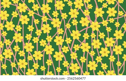 Winter Jasmine floral seamless pattern on green.A close-up of a beautiful floral pattern with yellow flowers and pink branches.The intricate design is perfect for adding a touch of nature.