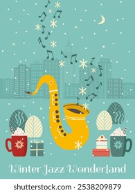 Winter Jazz Wonderland fancy festive vector poster. Saxophone Live Music cute hand drawn minimal design element illustration. Christmas season Holiday celebration, live concert performance background