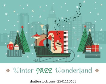 Póster de Vector festivo de lujo de Winter Jazz Wonderland. Saxofón Live Music lindo dibujado a mano ilustración de elemento de diseño mínimo. Navidades Temporada Celebración de Festiva, concierto en vivo de fondo