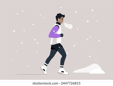 Winter Jogger Braving the Snowy Path at Dusk, A solitary jogger exhales frosty breath while running through a quiet winter landscape