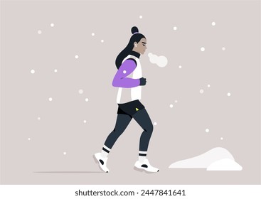 Winter Jogger Braving the Snowy Path at Dusk, A solitary jogger exhales frosty breath while running through a quiet winter landscape