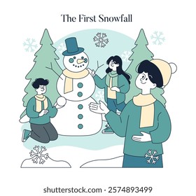 Winter Joy concept. Friends share a cheerful moment building a snowman during the first snowfall surrounded by snowflakes and evergreens. Vector illustration.