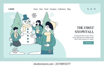 Winter Joy concept. A heartwarming scene of people enjoying the first snowfall by building a snowman amidst pine trees. Seasonal happiness, winter activities. Vector illustration.