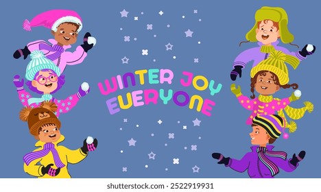 Winter joy everyone. Children dressed in warm winter costumes. Group of cute kids smiling in bright clothes. Cartoon portraits of multiethnic boys and girls. Vector flat illustration.