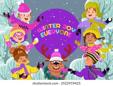 Winter joy everyone. Cute kids and deer are playing in the winter park. Children dressed in warm costumes. Cartoon smiling multiethnic boys and girls. Winter wonderland. Vector flat illustration.