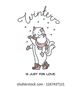 Winter is just for love. Cute cat couple in love on a walk in winter. Doodle illustration isolated on white background. Vector 8 EPS.