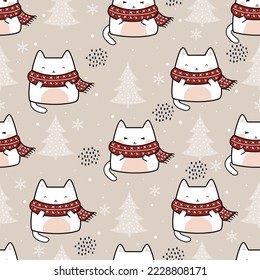 Winter Kawaii Cute Cats Seamless Pattern, Childish Cartoon Animals Background, Vector Illustration. design for background, wallpaper, fabric, textile and more.