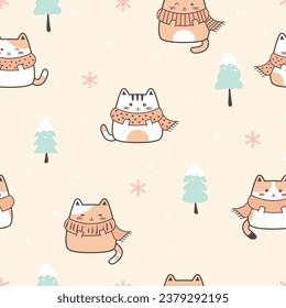 Winter Kawaii Cute Cats Seamless Pattern, Childish Cartoon Animals Background, Vector Illustration. design for background, wallpaper, fabric, textile and more.