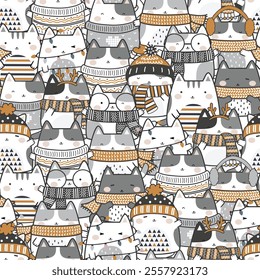 Winter Kawaii Cute Cats Seamless Pattern, Childish Cartoon Animals Background, Vector Illustration. design for background, wallpaper, fabric, textile and more.