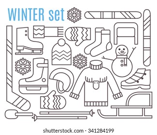 Winter kid activities. Skiing, skating and warm cloths. Thin line flat vector icons.