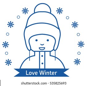 Winter kids activities line icon set. Girl with winter vacation items concept. Web icon set. Flat style illustration