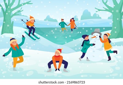 Los niños de invierno realizan actividades de esquí y lucha de nieve. Temporada de lucha de actividad de invierno vectorial, ilustración divertida de nieve al aire libre, hacer snowman