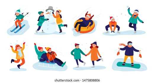 Winter kids activities. Snow games, smiling little girls and boys in winters clothes fun outdoors. Christmas holidays activity, making snowman or skiing. Isolated vector illustration icons set