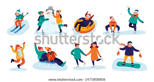 冬の子供の活動 雪遊び 笑顔の女の子や冬の男の子は屋外で楽しい クリスマス休暇の活動 雪だるまやスキーを作る 分離型ベクターイラストアイコンセット のベクター画像素材 ロイヤリティフリー