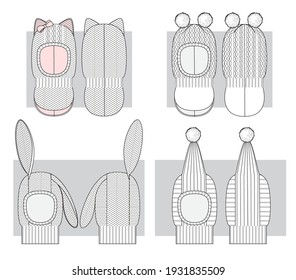 Winter kids balaclava hats set of technical sketches with pompoms and cat and bunny ears . Vector illustration.