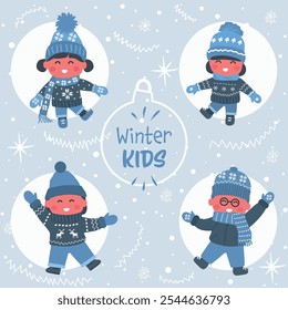 Winter Kids Concept. Children in Winter Clothes. Group of Kids Have Fun Outside. Happy Baby Girls Happy Baby Boys. Set. Greeting Card Template. Vector Illustration in Blue, White.