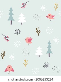 Winter kids doodle seamless pattern. Cute birds, trees, snowflakes, red berries, twigs, dots. Seamless patterns in a minimalistic Scandinavian style on a blue background.