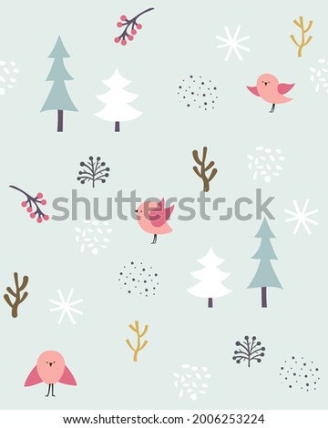 Winter kids doodle seamless pattern. Cute birds, trees, snowflakes, red berries, twigs, dots. Seamless patterns in a minimalistic Scandinavian style on a blue background.