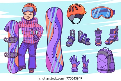 Winter Kids Fashion. Cool girl snowboarder and her favorite things. Big set different clothes and accessories: snowboard, helmet, boots, fasteners, gloves, backpack, glasses. Vector illustration.