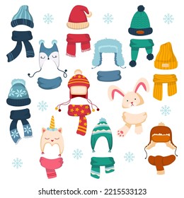 Winter kids hat and scarf set. Warm children hats and scarves. Wintertime headwear and autumn accessories for boys and girls, knit woolen cap outfit. Cartoon vector illustration