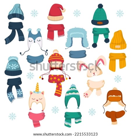 Winter kids hat and scarf set. Warm children hats and scarves. Wintertime headwear and autumn accessories for boys and girls, knit woolen cap outfit. Cartoon vector illustration