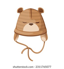 Winter kids hat vector illustration. Cartoon isolated earflap hat for baby boy and girl, beige toque with earmuffs and cute hat with furry teddy bear face on front, cozy fashion children headwear