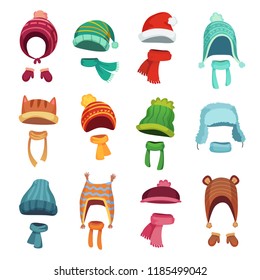 Winter kids hat. Warm childrens hats and scarves. Headwear and autumn scarf accessories for boys and girls, knit cap outfit for mobile application, cartoon vector isolated icons set