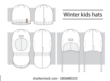 Winter kids hats set of technical sketches. Vector illustration.