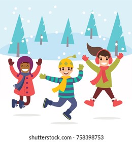 Winter kids jumping, vector set