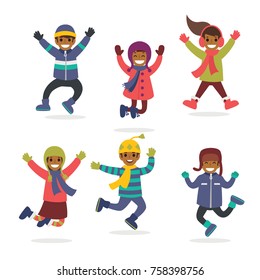 Winter kids jumping, vector set