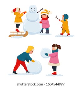 Winter kids  outdoor activities. Boys and girls in winters clothes make a snowman in winter. Vector illustration on white