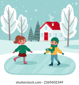 Winter Kids outdoor activities. Children on skates. Vector illustration in flat style