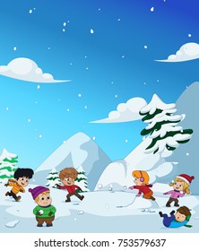 In the winter, kids play in the snow very joyfully.vector and illustration.