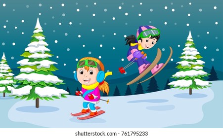 In the winter, kids play in the snow very joyfully