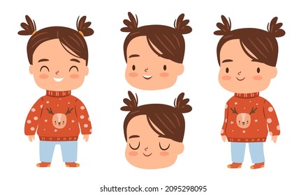 Winter kids set. Cartoon little girl in festive winter clothes. Ugly sweater.