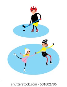 Winter kids sports. Boy and girl ice skating. man playing ice hockey.