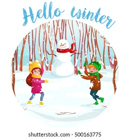   Winter kids Vector illustration. Boy and girl playing in snowballs. Funny cartoon character. 