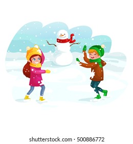 Winter kids Vector illustration. Boy and girl playing with snowballs. Funny cartoon character. christmas cards