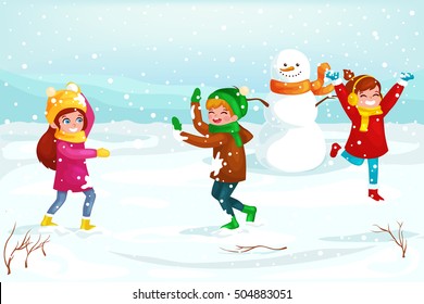 Winter kids Vector illustration. Boy and girl playing in snowballs. Funny cartoon character. christmas cards