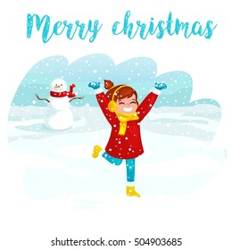 Winter kids Vector illustration. Boy and girl playing in snowballs. Funny cartoon character. christmas cards