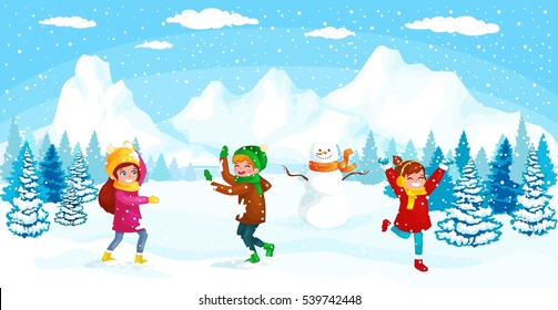Winter kids Vector illustration. Boy and girl playing in snowballs. Funny cartoon character. christmas cards