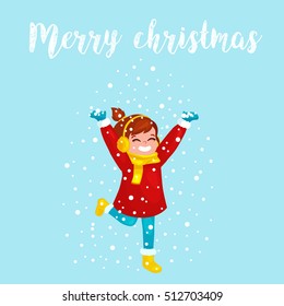 Winter kids Vector illustration. girl playing with snowflakes. Funny cartoon character. christmas cards